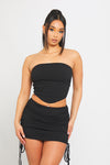Black Ribbed Ruched Crop Top & Drawstring Mini Skirt Co-Ord