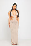 Sand Crochet Knit Halterneck Cut Out Backless Maxi Dress