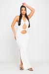 White Crochet Knit Cut Out Halterneck Split Midi Dress