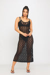 Black Lace Sheer Strappy Open Back Bodycon Midi Dress