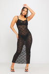 Black Floral Lace Sheer Plunge Bodycon Midi Dress