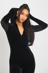 Black Velvet Flared Leg Hooded Zip Front Jumpsuit