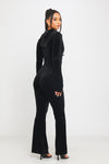 Black Velvet Flared Leg Hooded Zip Front Jumpsuit