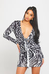 Zebra Plunge Tie Front Long Sleeve Mini Dress