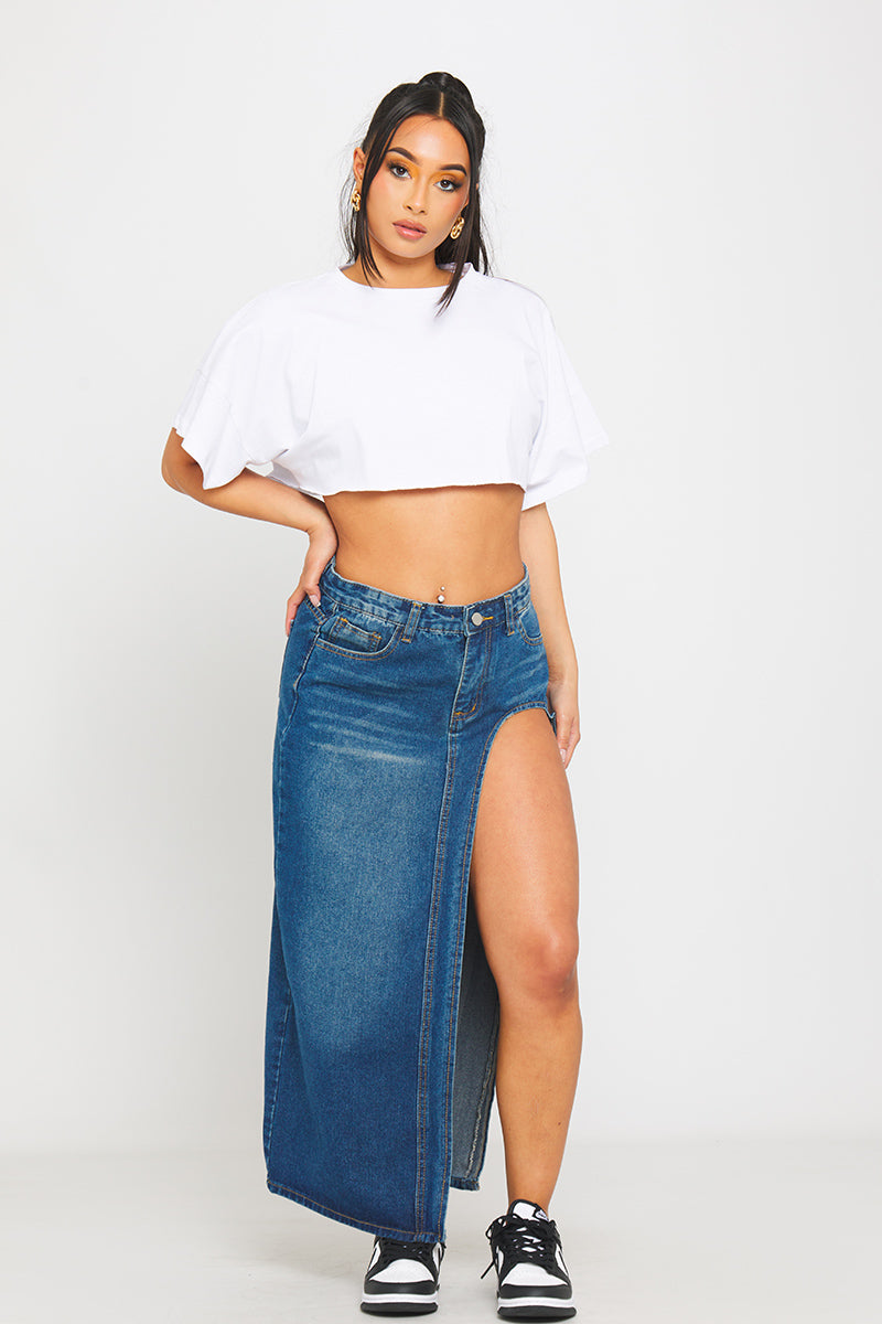 Dark Blue Wash Denim Thigh Split Maxi Skirt