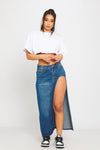 Dark Blue Wash Denim Thigh Split Maxi Skirt