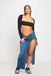 Black Rib Knit Square Neck Long Sleeve Crop Top