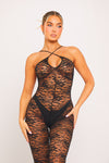 Black Lace Plunge Bustier Cross Back Jumpsuit