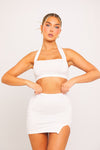 White Halterneck Crop Top & Front Split Mini Skirt Co-Ord