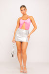 Silver Metallic High Waist Denim Mini Skirt