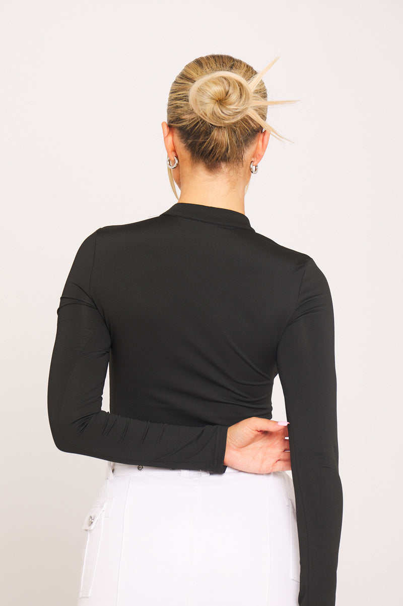 Black High Neck Cut Out Buckle Long Sleeve Crop Top