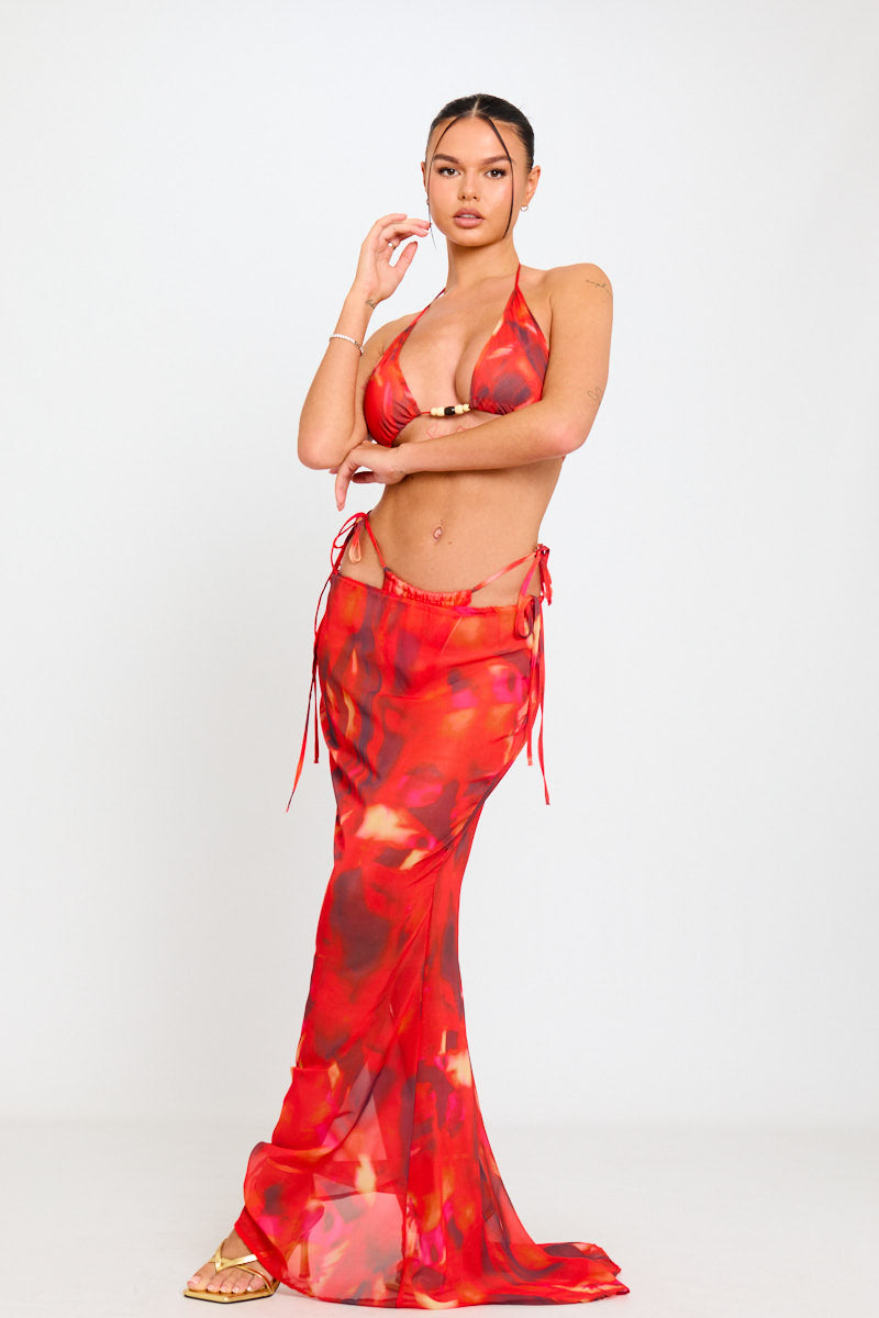 Red Abstract Print Triangle Bikini & Long Maxi Skirt