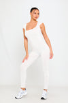 White Open Back Scoop Neck Cap Sleeve Jumpsuit 