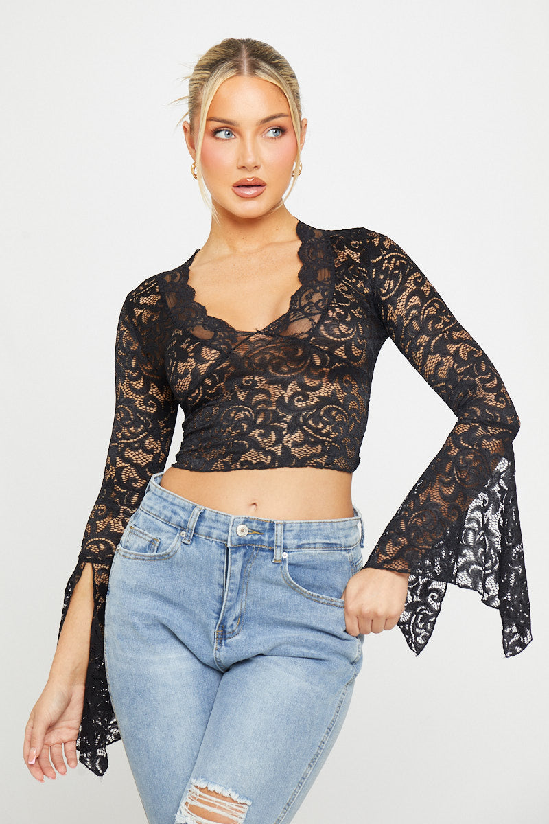 Black Sheer Lace Plunge Flared Sleeve Crop Top Nothingbutstyle black-sheer-lace-plunge-flared-sleeve-crop-top-nothingbutstyle
