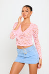 Pink Sheer Lace Plunge Flared Sleeve Crop Top