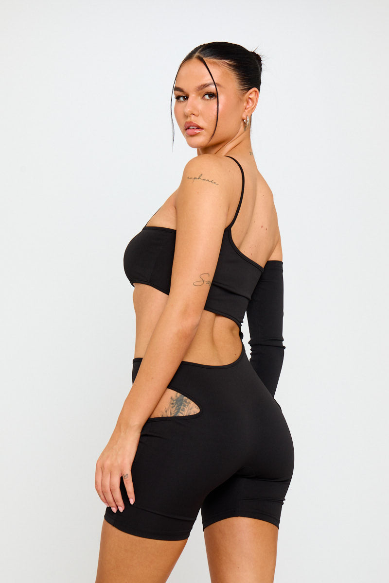 Black Cut Out Detail One Sleeve Playsuit