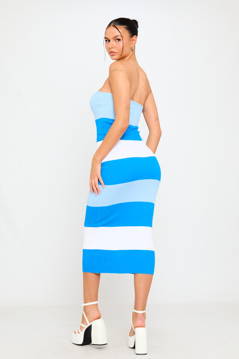 Blue Contrast Knit Bandeau Tube Bodycon Midi Dress