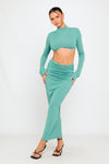 Green Ribbed High Neck Crop Top & Ruched Maxi Skirt Co-Ord