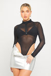 Black Sheer Mesh High Neck Zip Long Sleeve Bodysuit