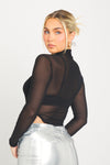 Black Sheer Mesh High Neck Zip Long Sleeve Bodysuit