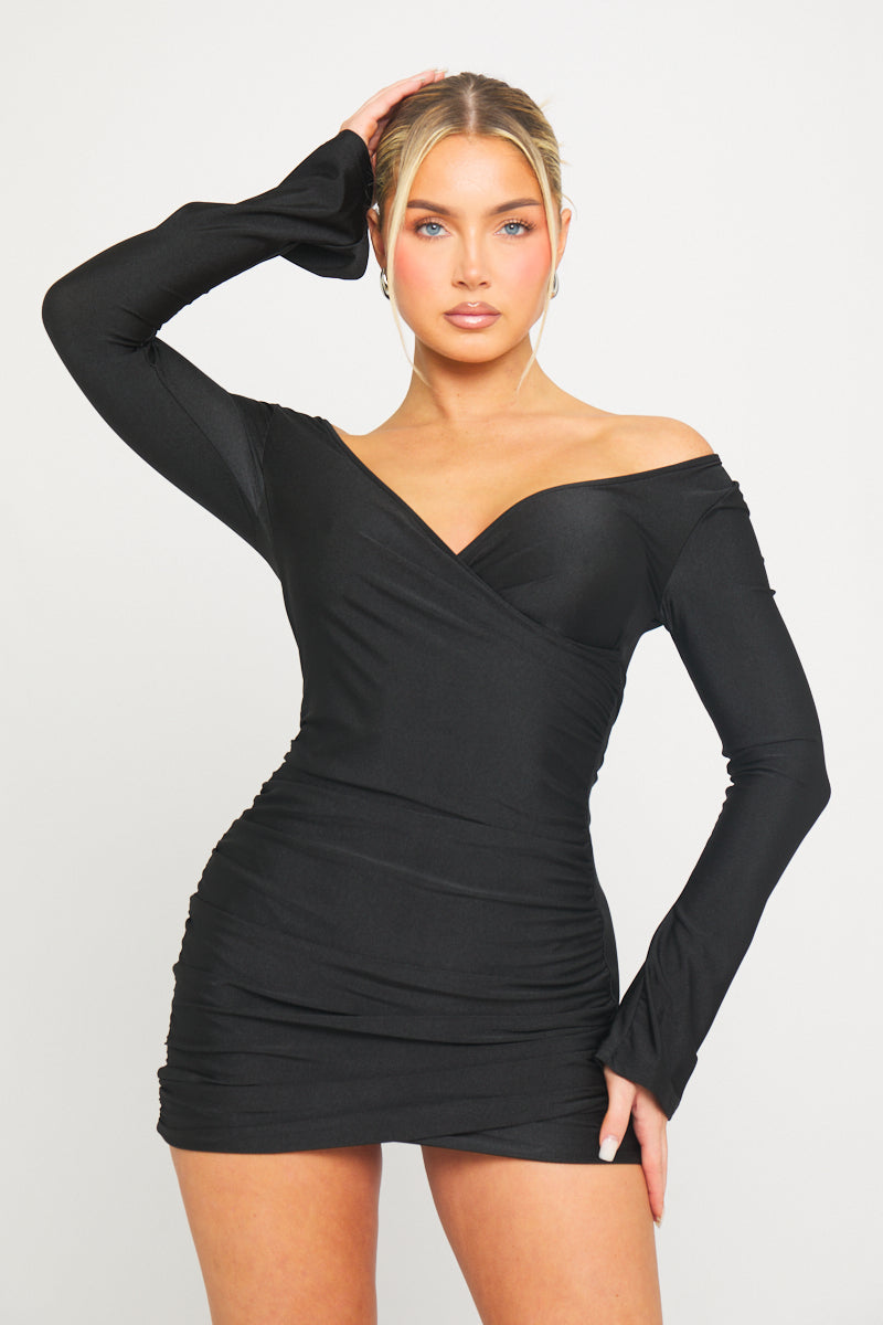 Black Plunge Ruched Long Sleeve Wrap Mini Dress