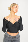 Black Plunge Long Sleeve Wrap Top