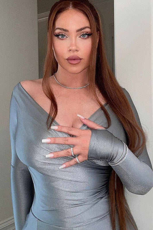 Silver Plunge Long Sleeve Wrap Top
