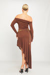 Brown Knit Off Shoulder Tiered Asymmetric Maxi Dress