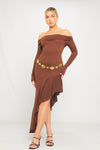 Brown Knit Off Shoulder Tiered Asymmetric Maxi Dress