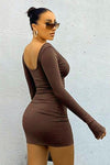 Brown Round Neck Long Sleeve Bodycon Mini Dress