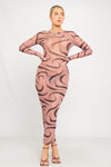 Mocha Sheer Mesh Printed Long Sleeve Maxi Dress