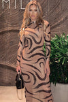 Mocha Sheer Mesh Printed Long Sleeve Maxi Dress