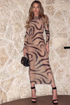 Mocha Sheer Mesh Printed Long Sleeve Maxi Dress