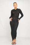 Black High Neck Sheer Knit Long Sleeve Midi Dress