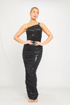 Black Metallic Ruched One Shoulder Open Back Maxi Dress