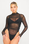 Black Sheer High Neck Ruched Long Sleeve Bodysuit