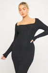 Black Ribbed Scoop Neck Plunge Long Sleeve Maxi Dress