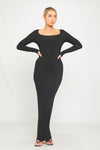 Black Ribbed Scoop Neck Long Sleeve Maxi Dress