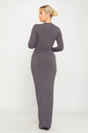 Dark Grey Ribbed Round Neck Long Sleeve Maxi Dress