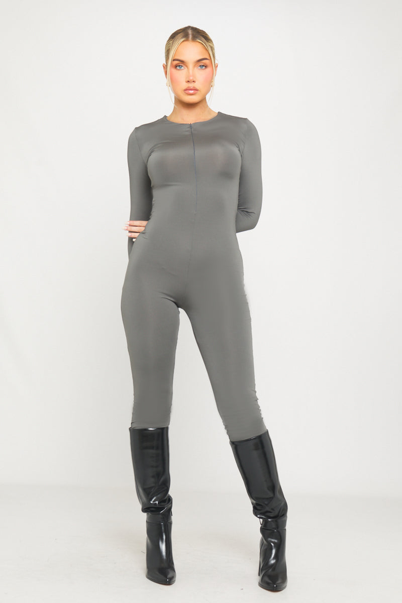 Grey Slinky Zip Front Long Sleeve Jumpsuit