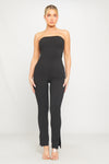 Black Ribbed Bandeau Split Flared Hem Jumpsuit