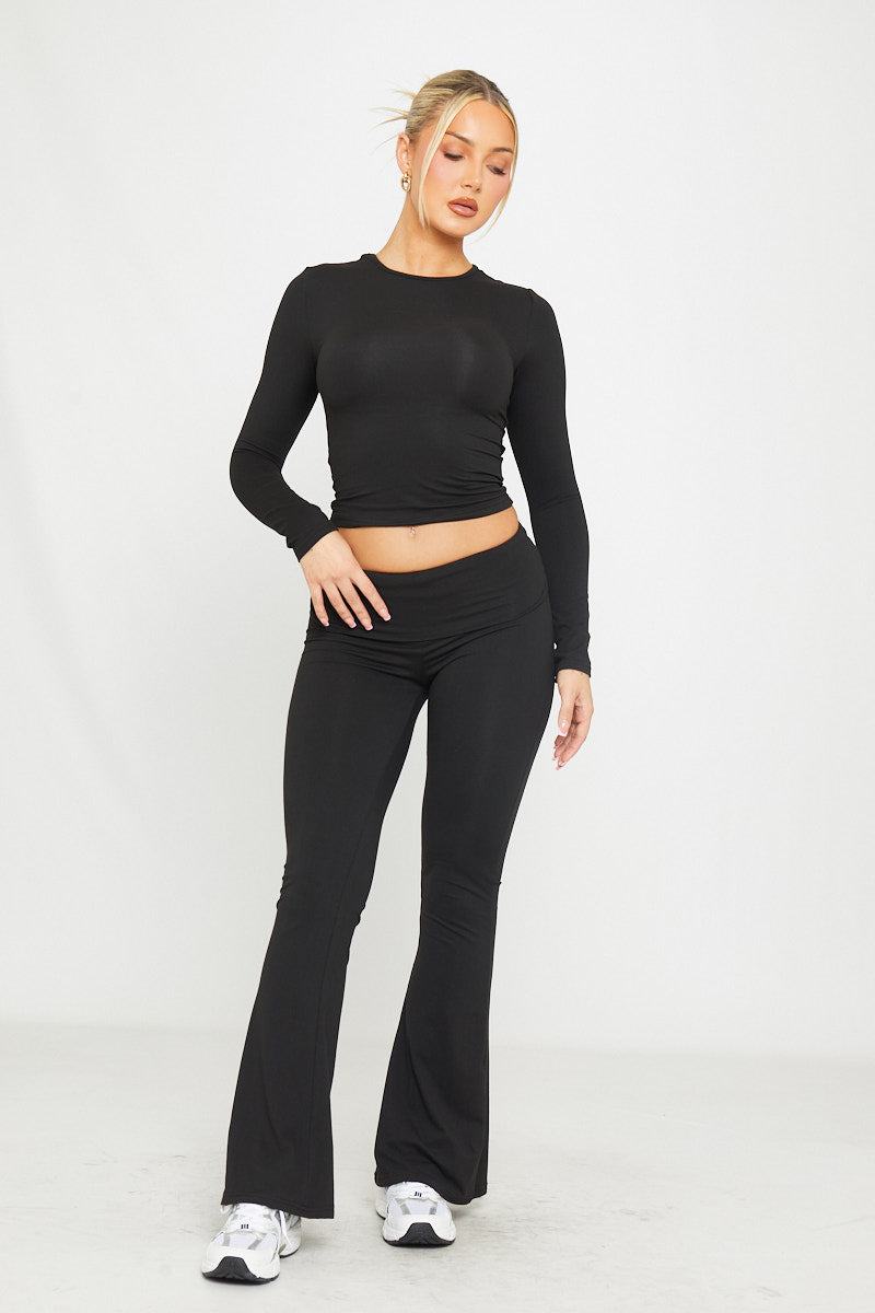 Black Fold Over Flared Leggings & Long Sleeve Top Co-Ord