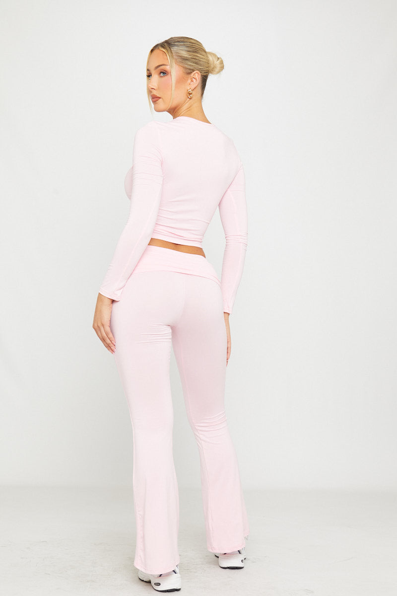 Pink Fold Over Flared Leggings & Long Sleeve Top Co-Ord
