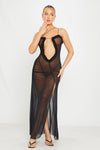 Black Mesh Cut Out Frill Ruched Maxi Dress