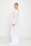 White Plunge Mesh Ruffle Ruched Cut Out Maxi Dress