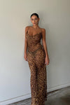 Leopard Print Sheer Cowl Neck Tie Back Maxi Dress