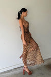 Leopard Print Sheer Cowl Neck Tie Back Maxi Dress