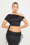 Black One Shoulder Ruched Crop Top & Fold Over Maxi Skirt