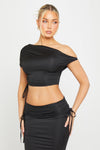 Black One Shoulder Ruched Crop Top & Fold Over Maxi Skirt