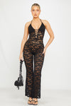 Black Sheer Lace Plunge Tie Front Flared Jumpsuit